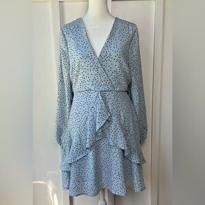 She + Sky Blue Polka Dot Lined Tiered Ruffle Dress Sz Medium Long Sleeve NO BELT